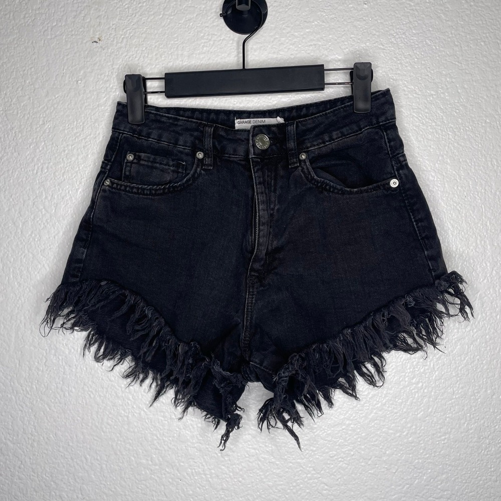 Garage Denim Cheeky Festival Shorts Washed Black High Rise Frayed Hem Size 0 24